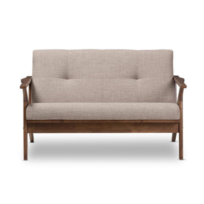 Bianca Mid-Century Modern Walnut Wood Light Grey Fabric Tufted 2-Seater Loveseat