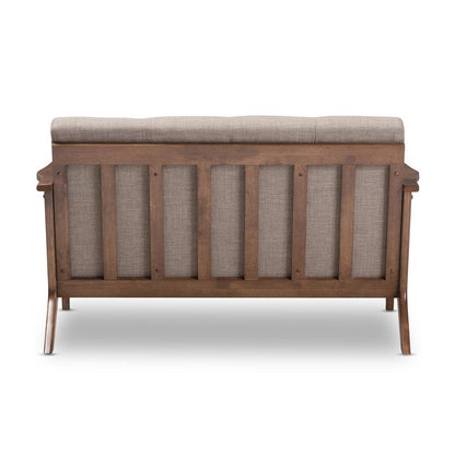 Bianca Mid-Century Modern Walnut Wood Light Grey Fabric Tufted 2-Seater Loveseat