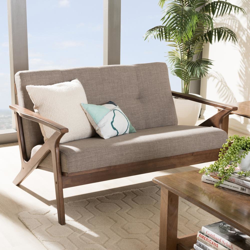 Bianca Mid-Century Modern Walnut Wood Light Grey Fabric Tufted 2-Seater Loveseat