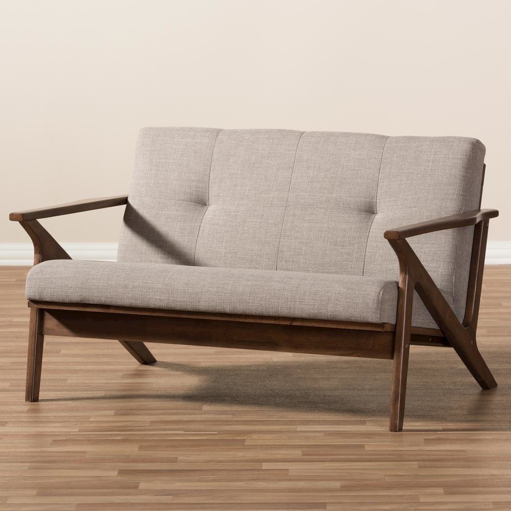 Bianca Mid-Century Modern Walnut Wood Light Grey Fabric Tufted 2-Seater Loveseat