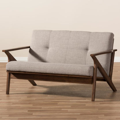 Bianca Mid-Century Modern Walnut Wood Light Grey Fabric Tufted 2-Seater Loveseat