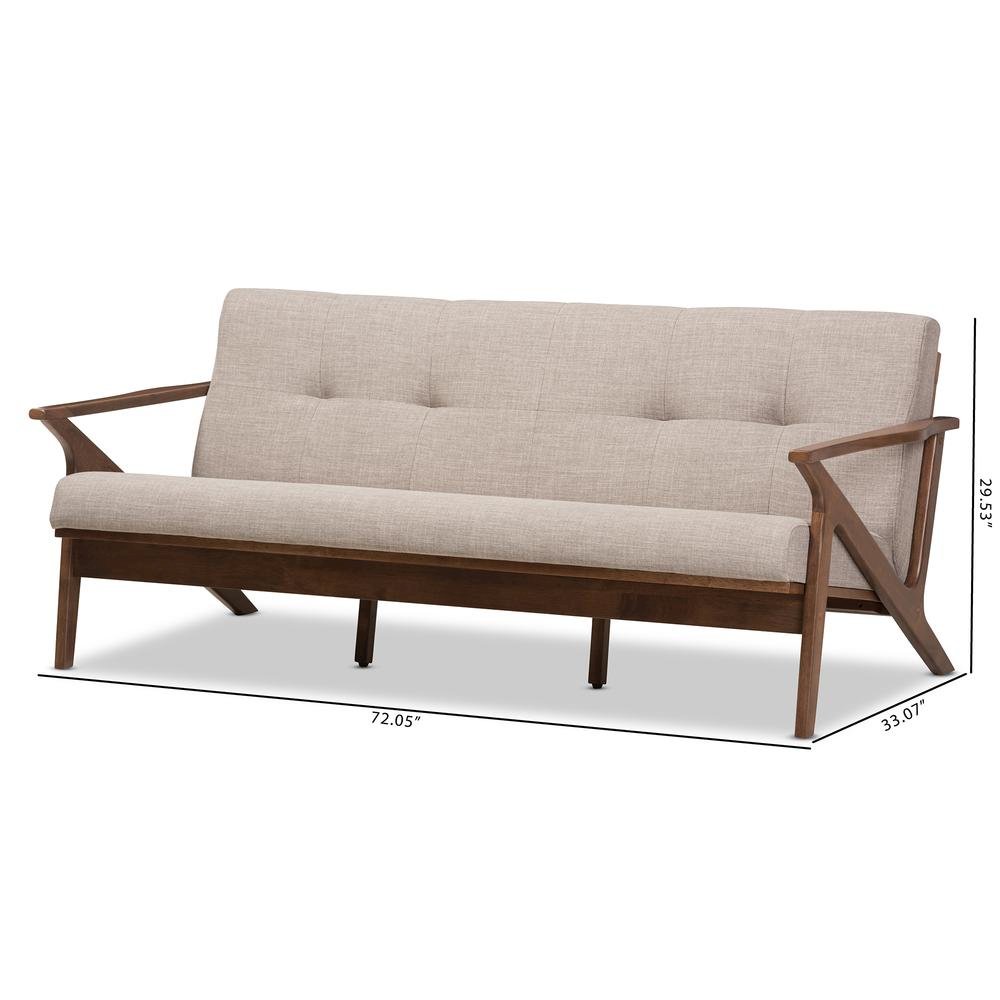 Bianca Mid-Century Modern Walnut Wood Light Grey Fabric Tufted 3-Seater Sofa