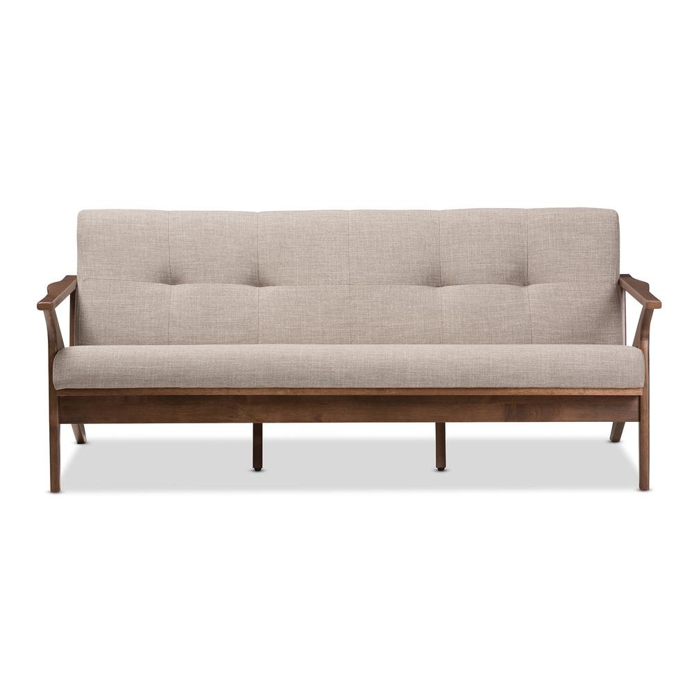 Bianca Mid-Century Modern Walnut Wood Light Grey Fabric Tufted 3-Seater Sofa