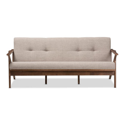Bianca Mid-Century Modern Walnut Wood Light Grey Fabric Tufted 3-Seater Sofa