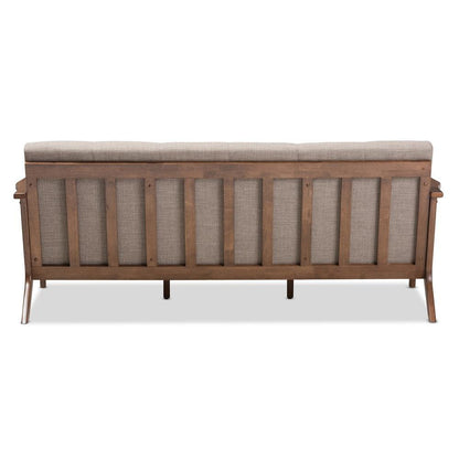 Bianca Mid-Century Modern Walnut Wood Light Grey Fabric Tufted 3-Seater Sofa