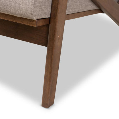 Bianca Mid-Century Modern Walnut Wood Light Grey Fabric Tufted 3-Seater Sofa