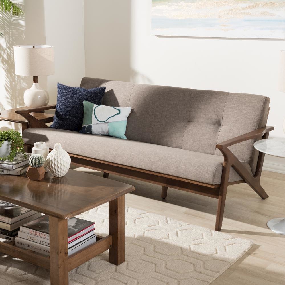 Bianca Mid-Century Modern Walnut Wood Light Grey Fabric Tufted 3-Seater Sofa
