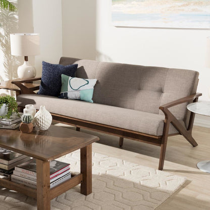 Bianca Mid-Century Modern Walnut Wood Light Grey Fabric Tufted 3-Seater Sofa