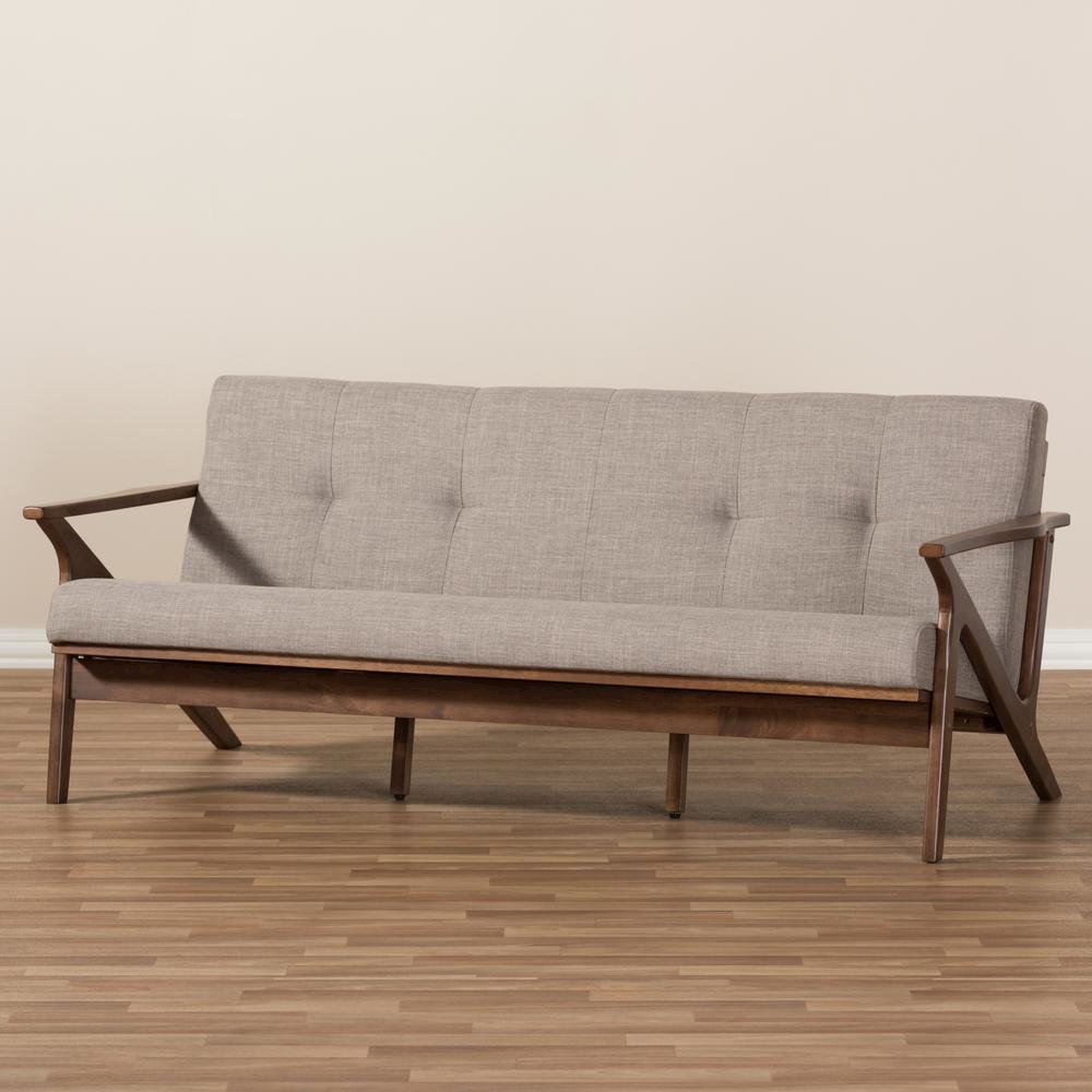 Bianca Mid-Century Modern Walnut Wood Light Grey Fabric Tufted 3-Seater Sofa