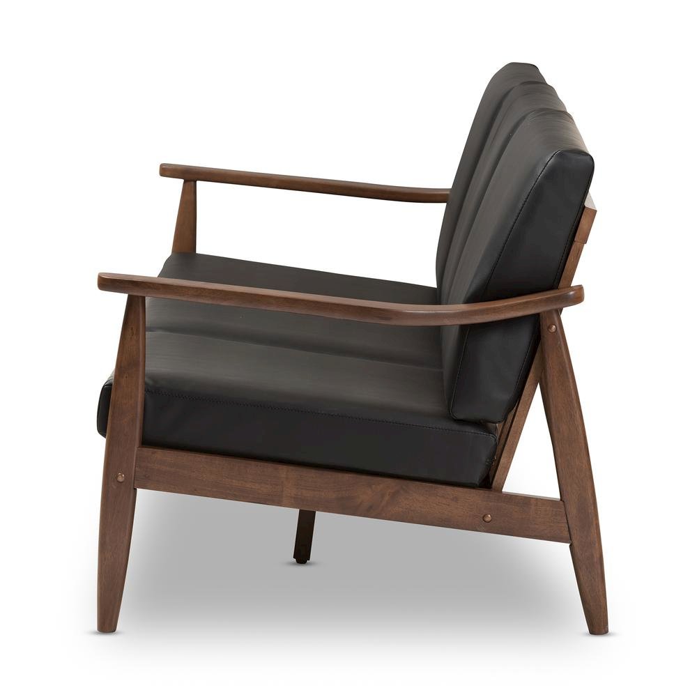 Venza Mid-Century Modern Walnut Wood Black Faux Leather 3-Seater Sofa