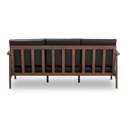 Venza Mid-Century Modern Walnut Wood Black Faux Leather 3-Seater Sofa