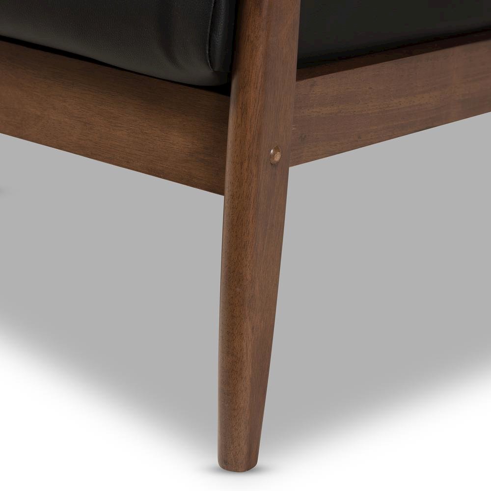 Venza Mid-Century Modern Walnut Wood Black Faux Leather 3-Seater Sofa