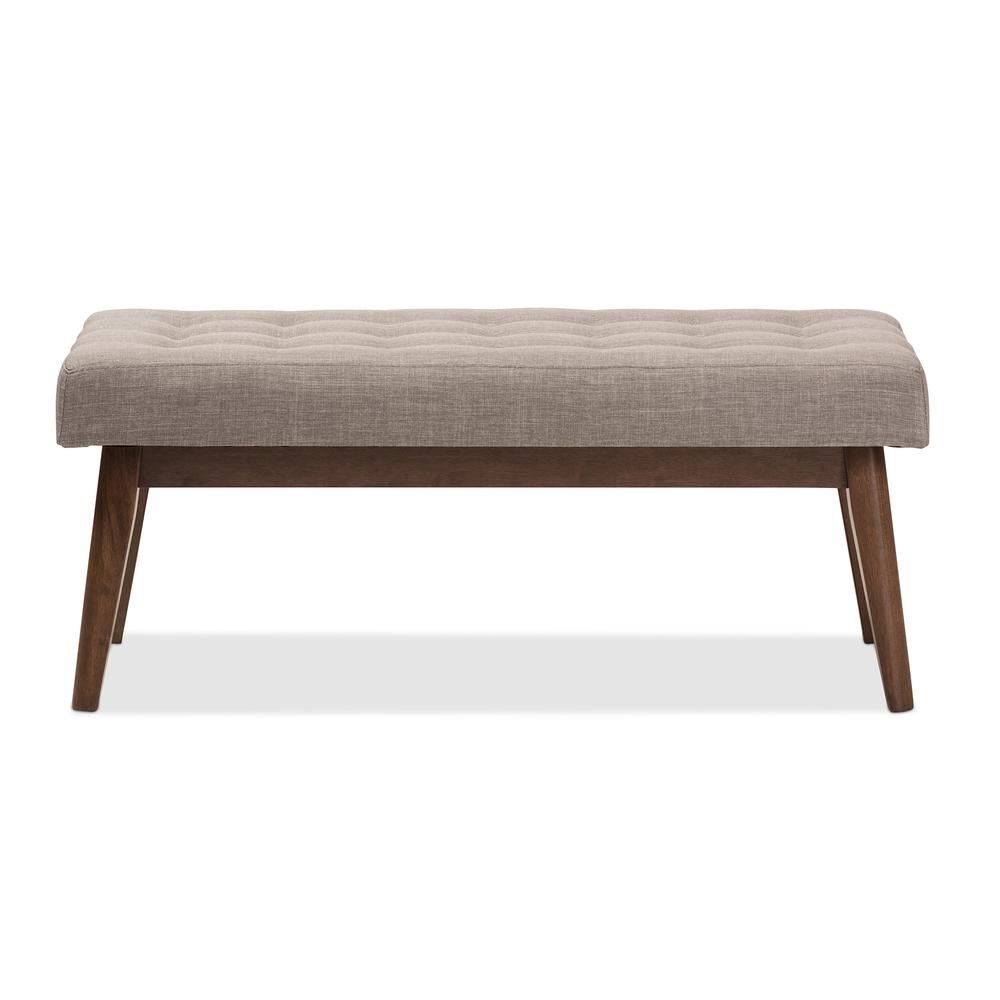 Elia Mid-Century Modern Walnut Wood Light Grey Fabric Button-Tufted Bench