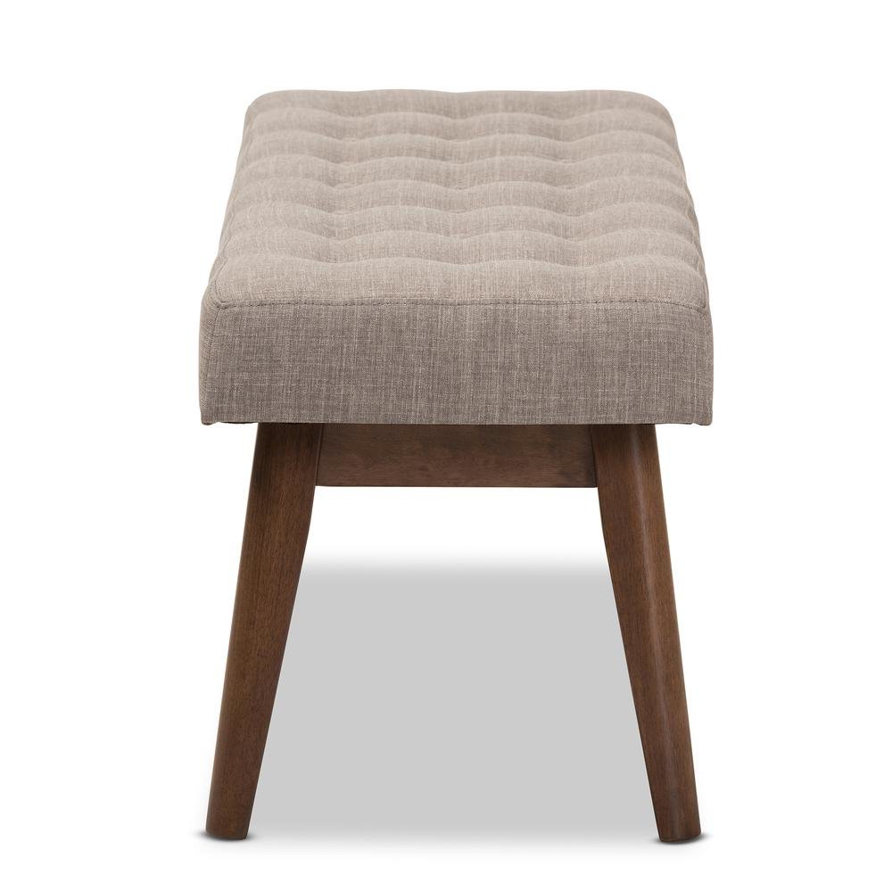 Elia Mid-Century Modern Walnut Wood Light Grey Fabric Button-Tufted Bench