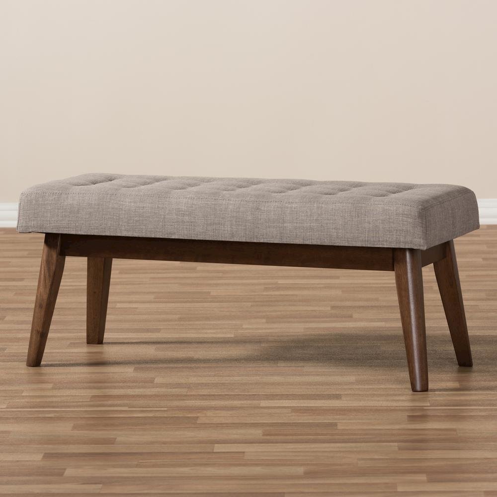 Elia Mid-Century Modern Walnut Wood Light Grey Fabric Button-Tufted Bench