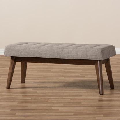 Elia Mid-Century Modern Walnut Wood Light Grey Fabric Button-Tufted Bench