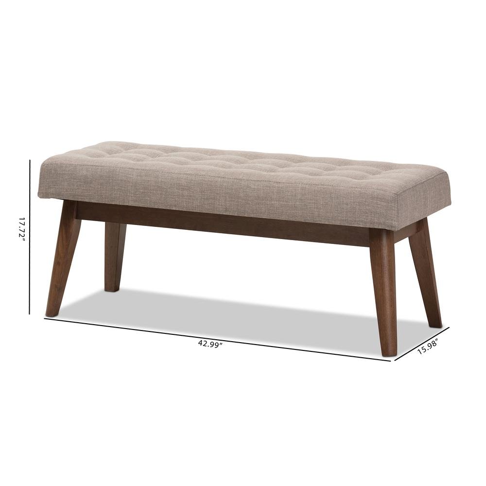 Elia Mid-Century Modern Walnut Wood Light Grey Fabric Button-Tufted Bench