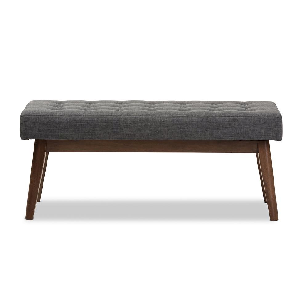 Elia Mid-Century Modern Walnut Wood Dark Grey Fabric Button-Tufted Bench