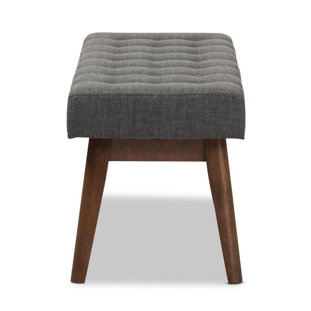 Elia Mid-Century Modern Walnut Wood Dark Grey Fabric Button-Tufted Bench