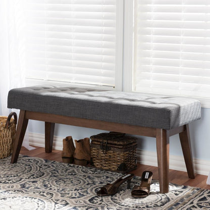 Elia Mid-Century Modern Walnut Wood Dark Grey Fabric Button-Tufted Bench