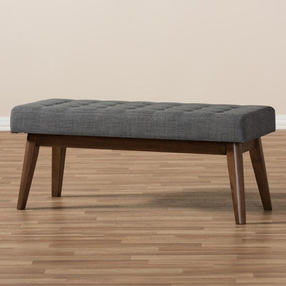 Elia Mid-Century Modern Walnut Wood Dark Grey Fabric Button-Tufted Bench