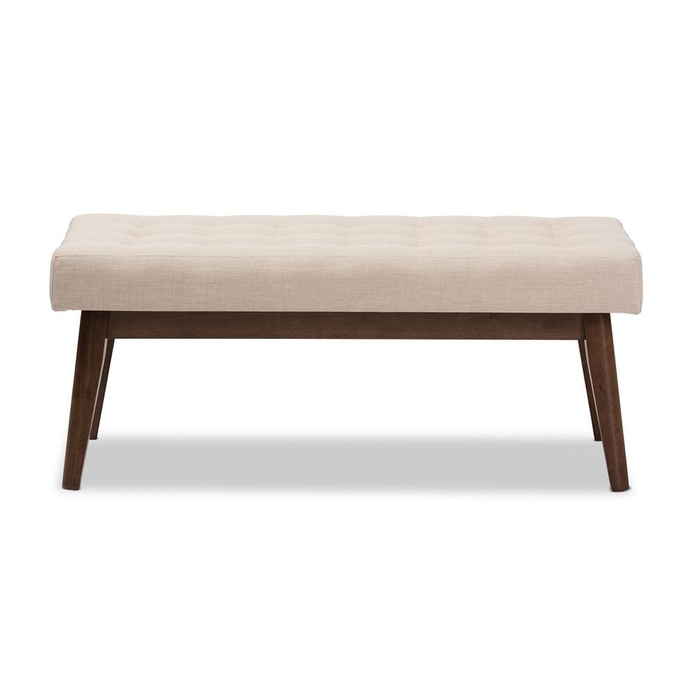 Elia Mid-Century Modern Walnut Wood Light Beige Fabric Button-Tufted Bench