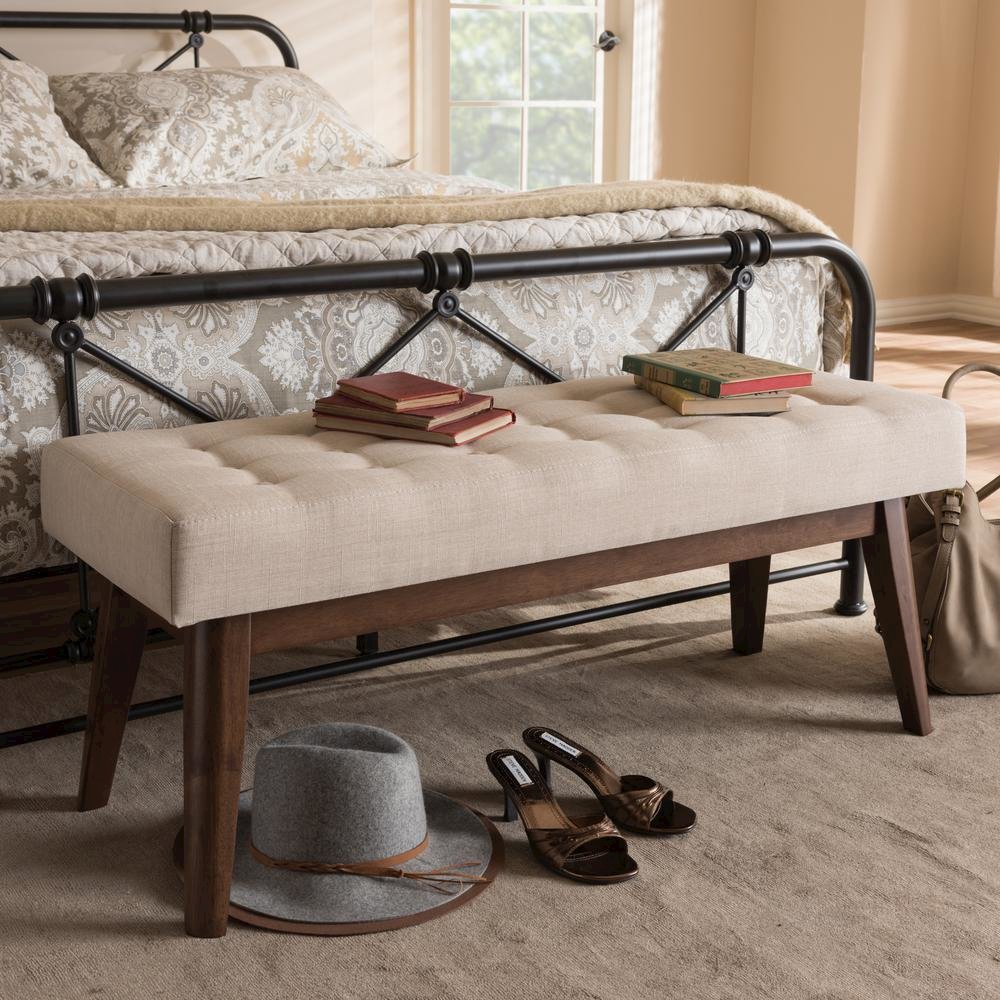 Elia Mid-Century Modern Walnut Wood Light Beige Fabric Button-Tufted Bench