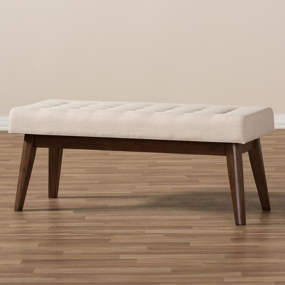 Elia Mid-Century Modern Walnut Wood Light Beige Fabric Button-Tufted Bench