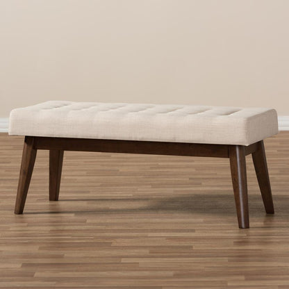 Elia Mid-Century Modern Walnut Wood Light Beige Fabric Button-Tufted Bench