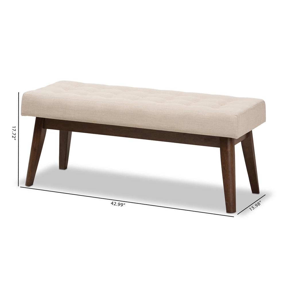 Elia Mid-Century Modern Walnut Wood Light Beige Fabric Button-Tufted Bench