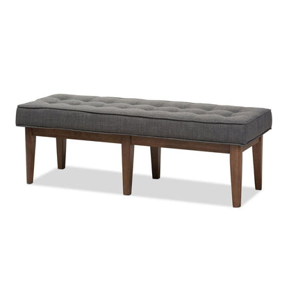 Lucca Mid-Century Modern Walnut Wood Dark Grey Fabric Button-Tufted Bench