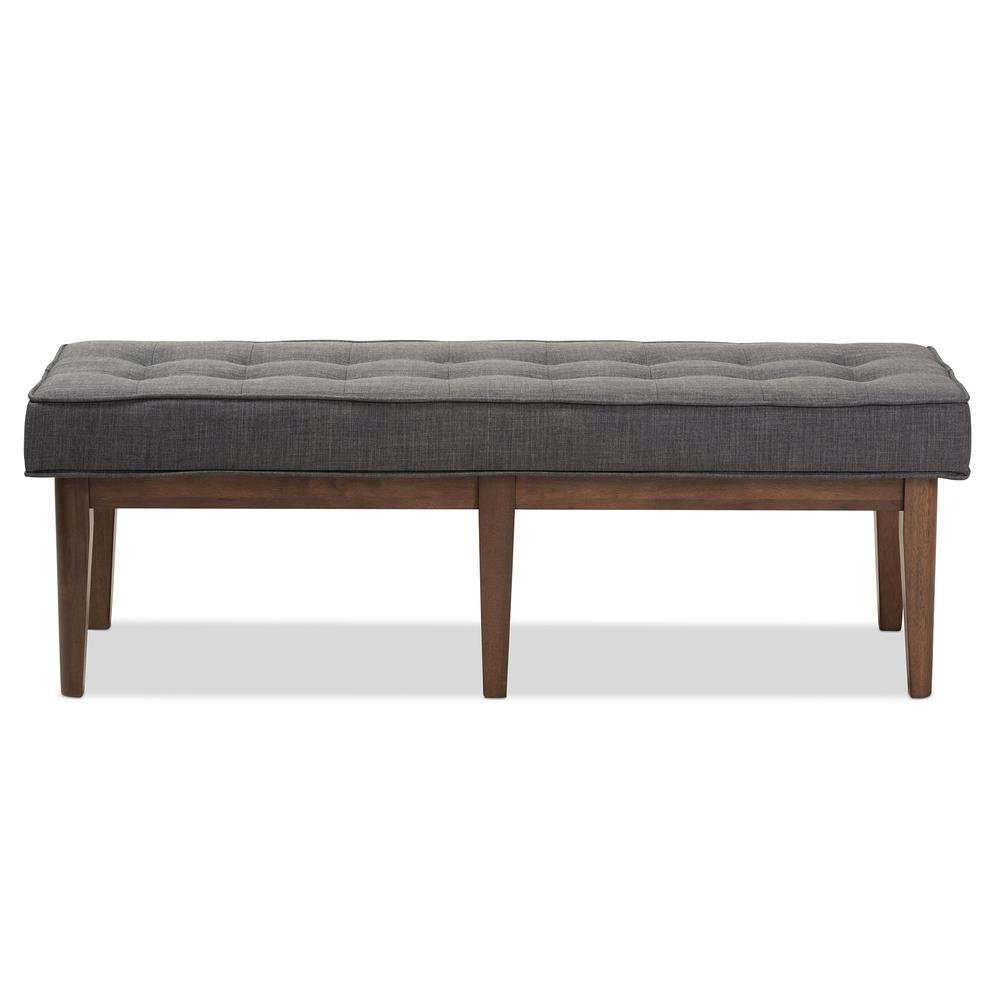 Lucca Mid-Century Modern Walnut Wood Dark Grey Fabric Button-Tufted Bench
