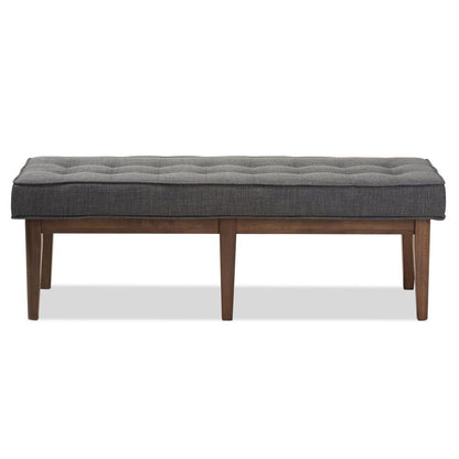 Lucca Mid-Century Modern Walnut Wood Dark Grey Fabric Button-Tufted Bench