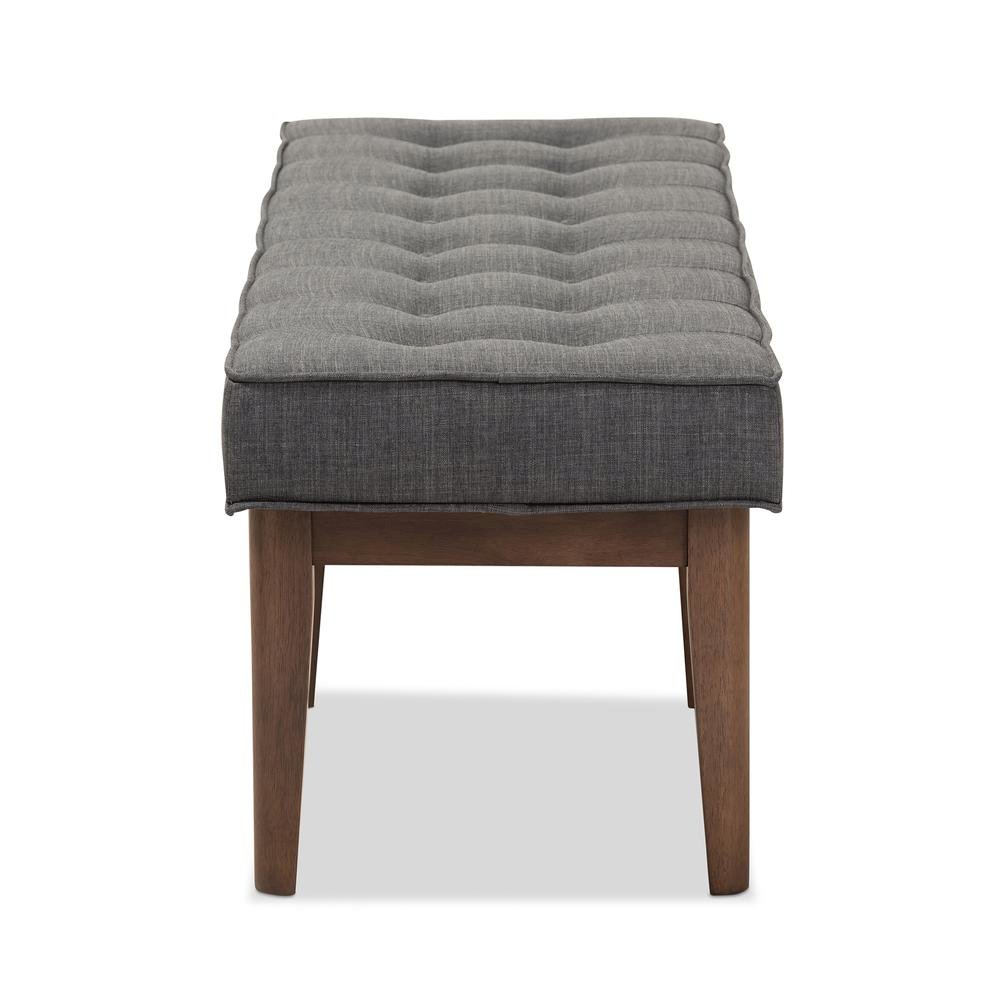Lucca Mid-Century Modern Walnut Wood Dark Grey Fabric Button-Tufted Bench