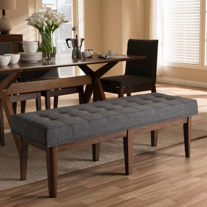Lucca Mid-Century Modern Walnut Wood Dark Grey Fabric Button-Tufted Bench