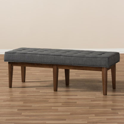 Lucca Mid-Century Modern Walnut Wood Dark Grey Fabric Button-Tufted Bench