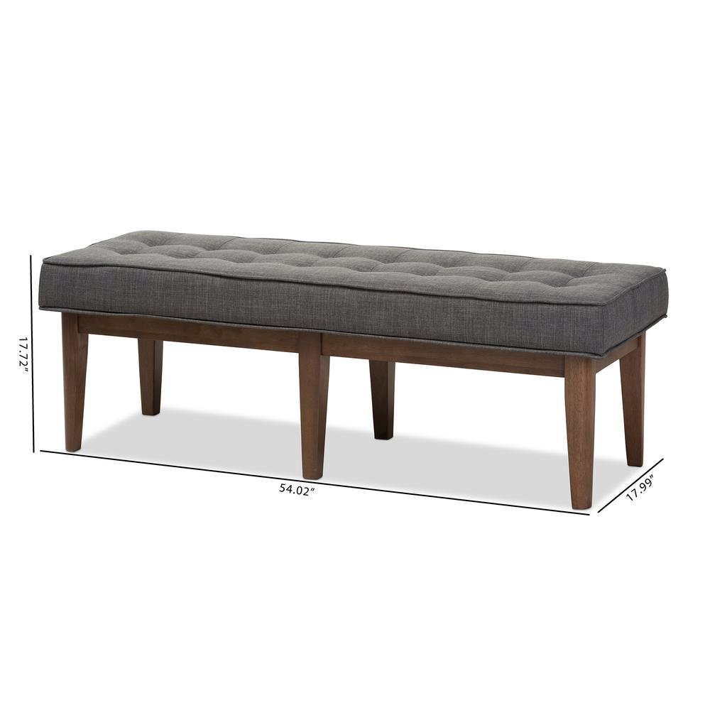 Lucca Mid-Century Modern Walnut Wood Dark Grey Fabric Button-Tufted Bench