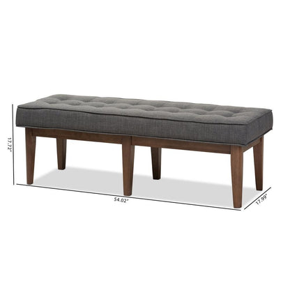 Lucca Mid-Century Modern Walnut Wood Dark Grey Fabric Button-Tufted Bench