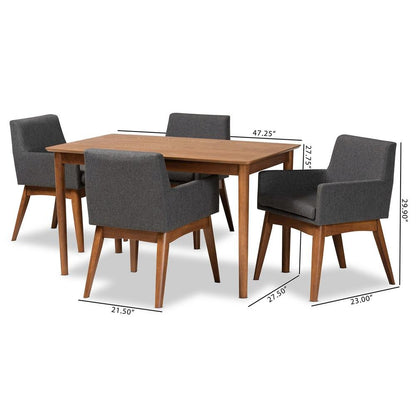 Dark Grey Fabric Upholstered and Walnut Brown Finished Wood 5-Piece Dining Set