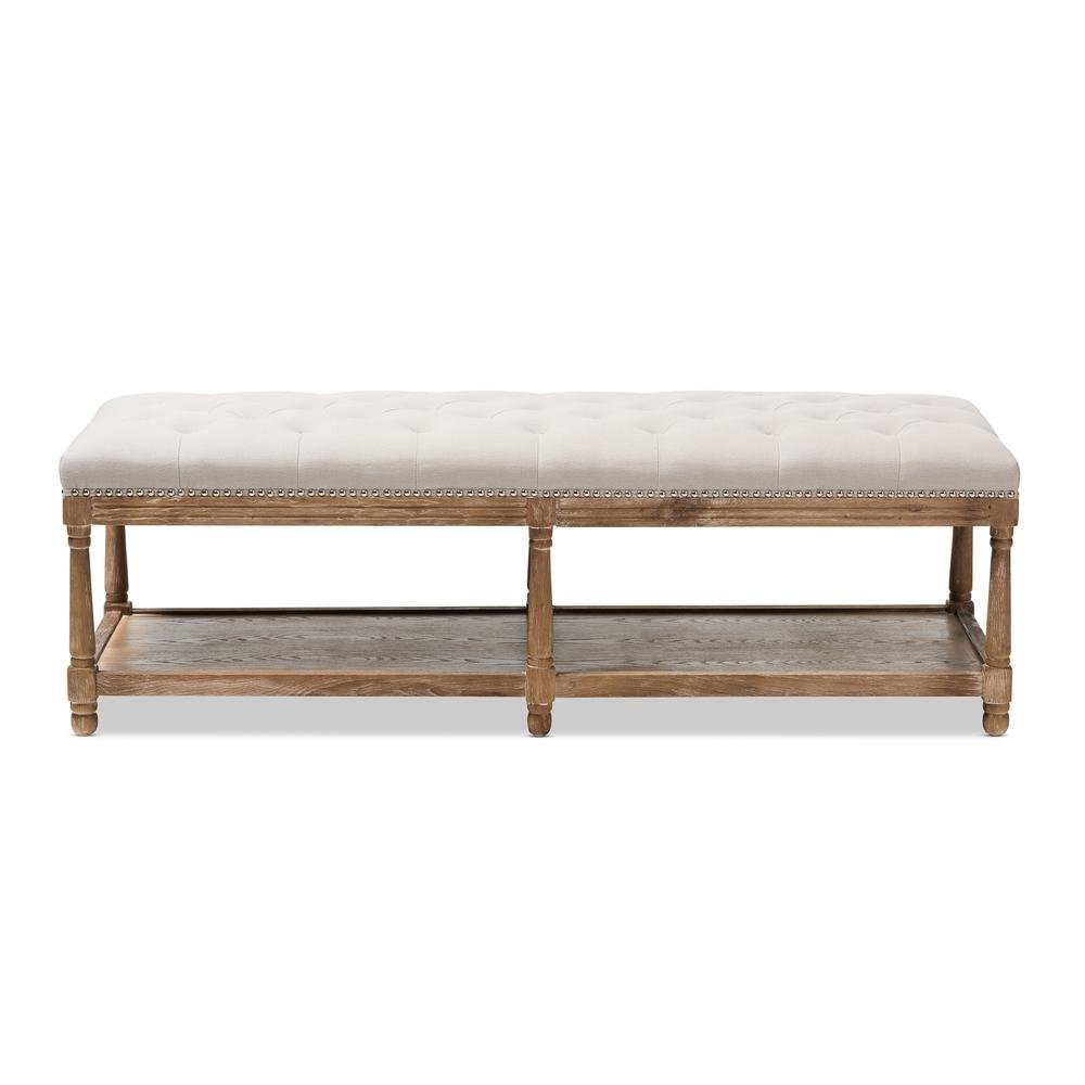 Celeste French Country Weathered Oak Beige Linen Upholstered Ottoman Bench
