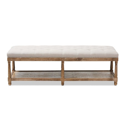 Celeste French Country Weathered Oak Beige Linen Upholstered Ottoman Bench