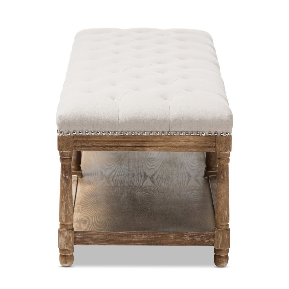 Celeste French Country Weathered Oak Beige Linen Upholstered Ottoman Bench