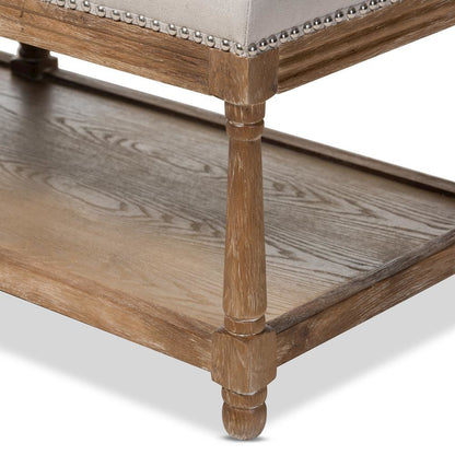 Celeste French Country Weathered Oak Beige Linen Upholstered Ottoman Bench