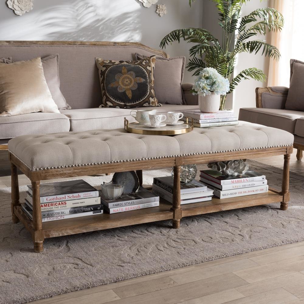 Celeste French Country Weathered Oak Beige Linen Upholstered Ottoman Bench