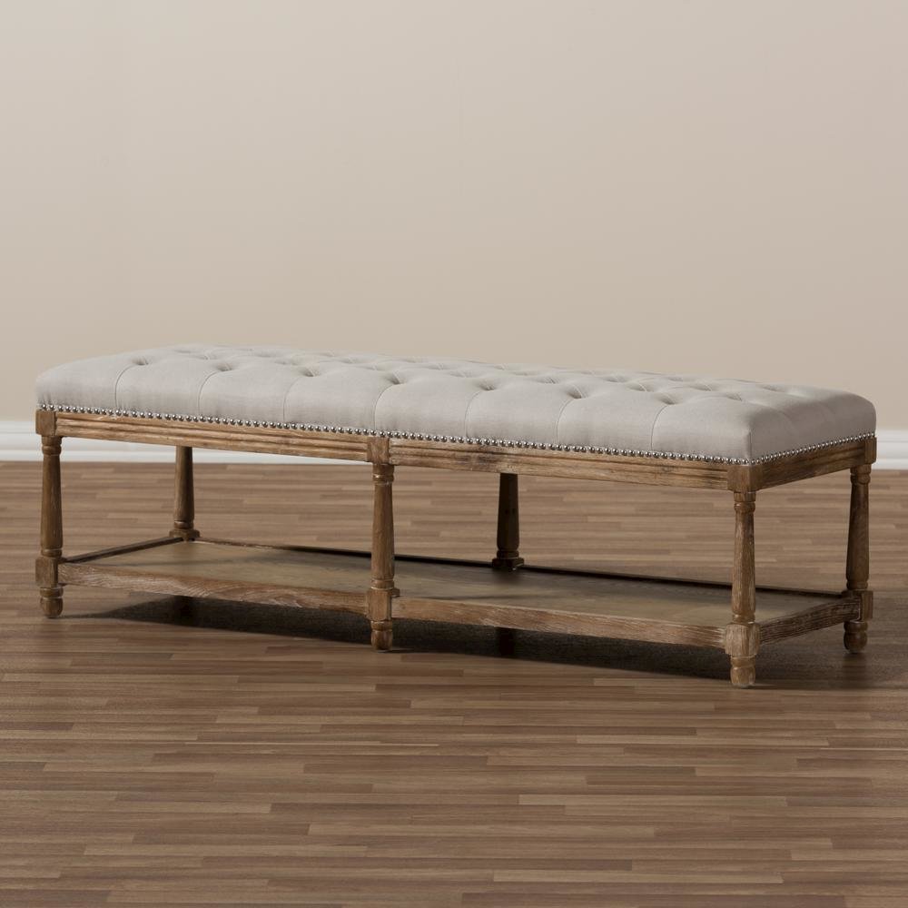 Celeste French Country Weathered Oak Beige Linen Upholstered Ottoman Bench