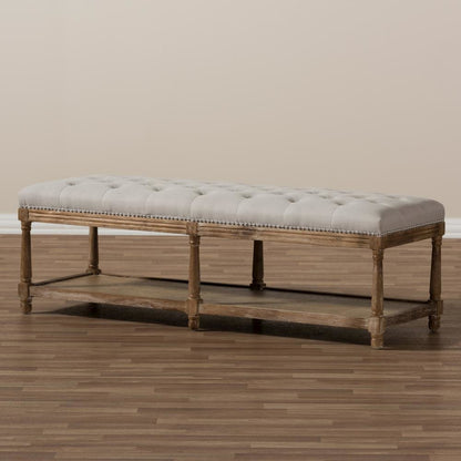 Celeste French Country Weathered Oak Beige Linen Upholstered Ottoman Bench