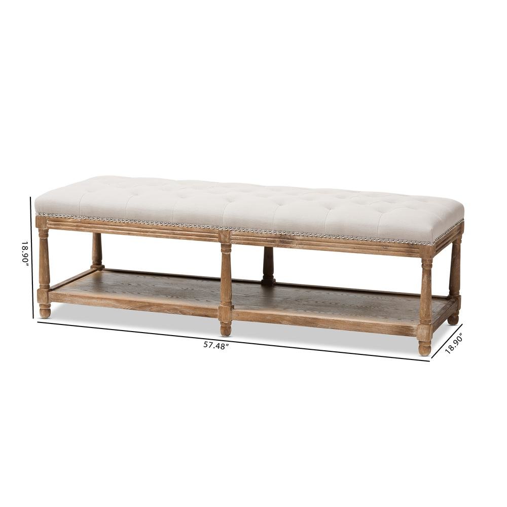 Celeste French Country Weathered Oak Beige Linen Upholstered Ottoman Bench