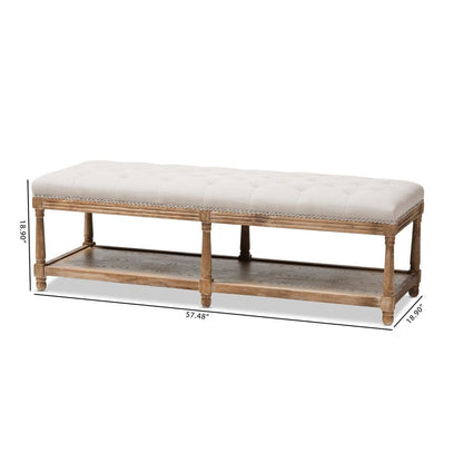 Celeste French Country Weathered Oak Beige Linen Upholstered Ottoman Bench