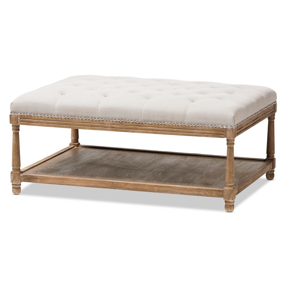 Country Weathered Oak Beige Linen Rectangular Coffee Table Ottoman