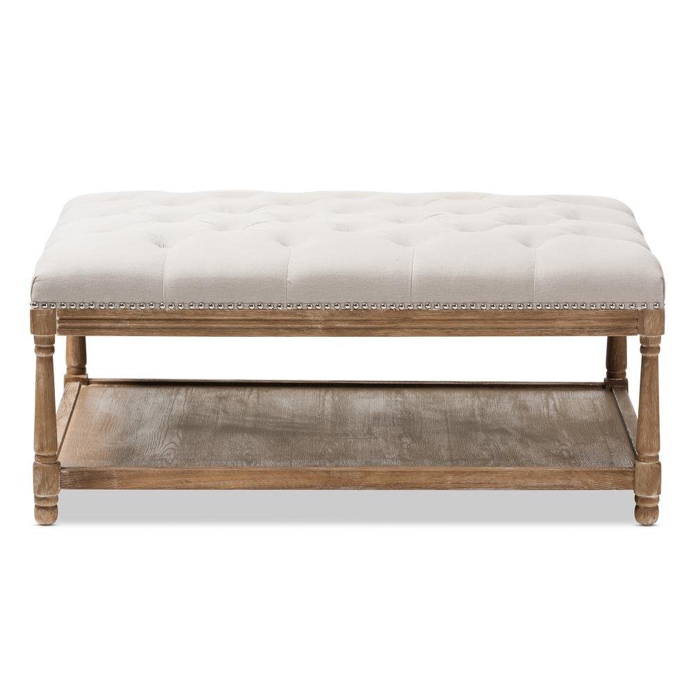 Country Weathered Oak Beige Linen Rectangular Coffee Table Ottoman
